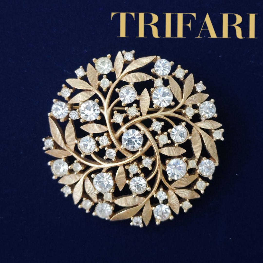 ヴィンテージtrifari ラインストーンボタニカルブローチ　ゴールド