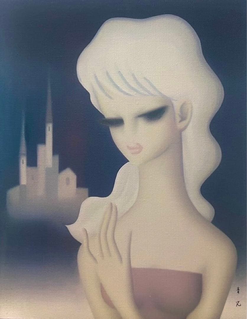 【F6号】東郷青児（塔と少女）手描き/表裏サイン有/油彩/アクリル/裏シール有り