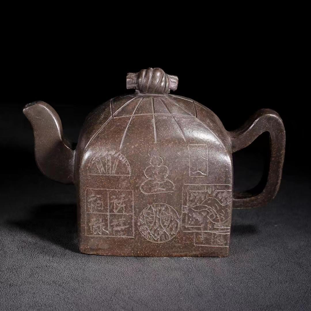 中国古美術・宜興原鉱古銅泥壺・紫砂壺・品名：印包・底款：厚徳載物・朱泥・急須