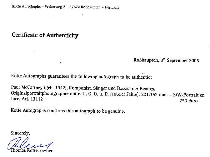 Paul McCartney　直筆サイン（鑑定書付き）