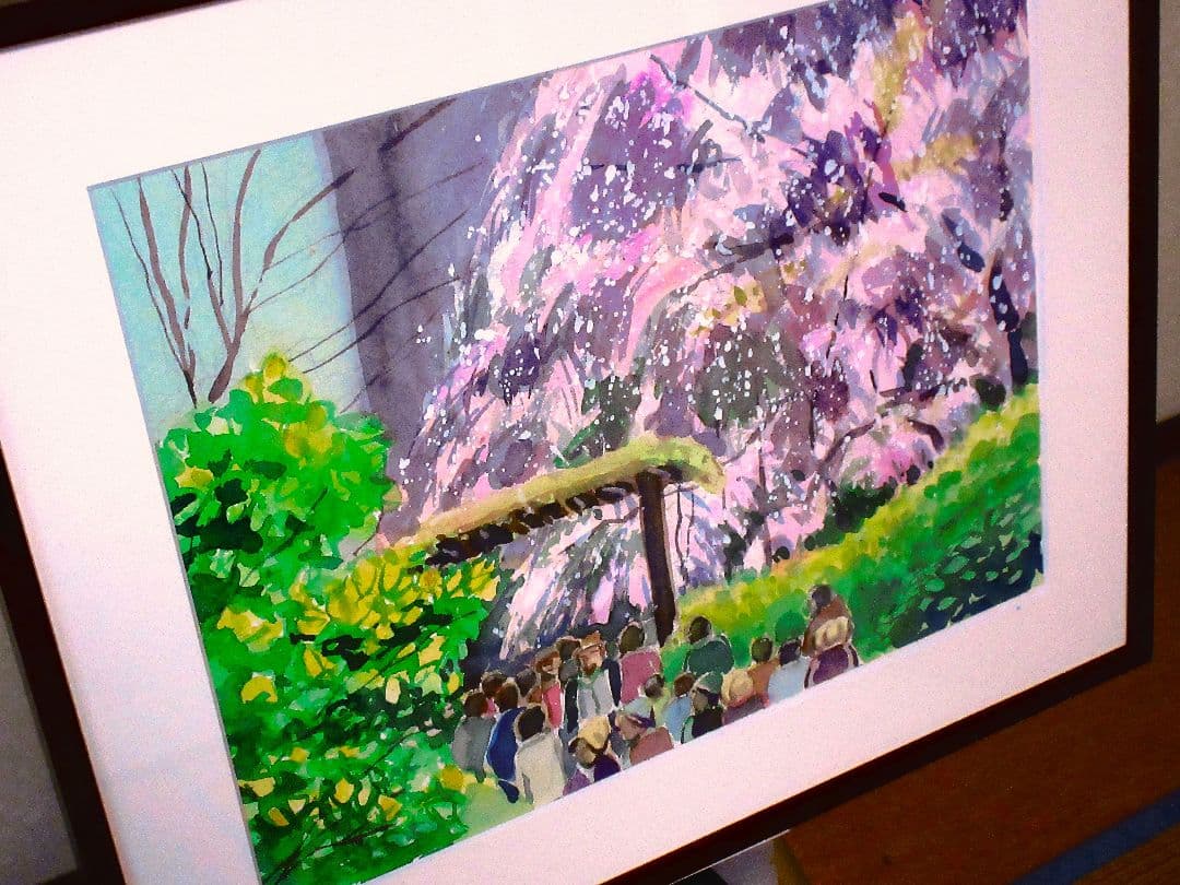しだれ桜(六義園)水彩画 木製フレーム付き