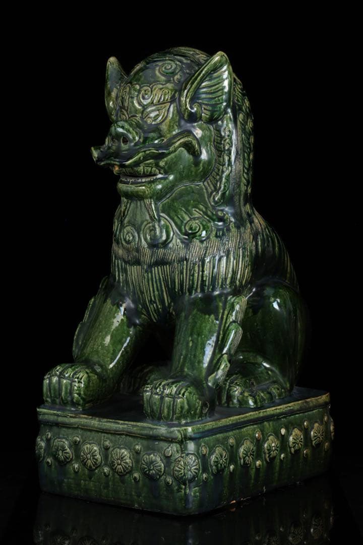 中国古玩 緑釉 獅子像 狛犬 フー犬 フードッグ 古陶磁器 大型62㎝ 古美術