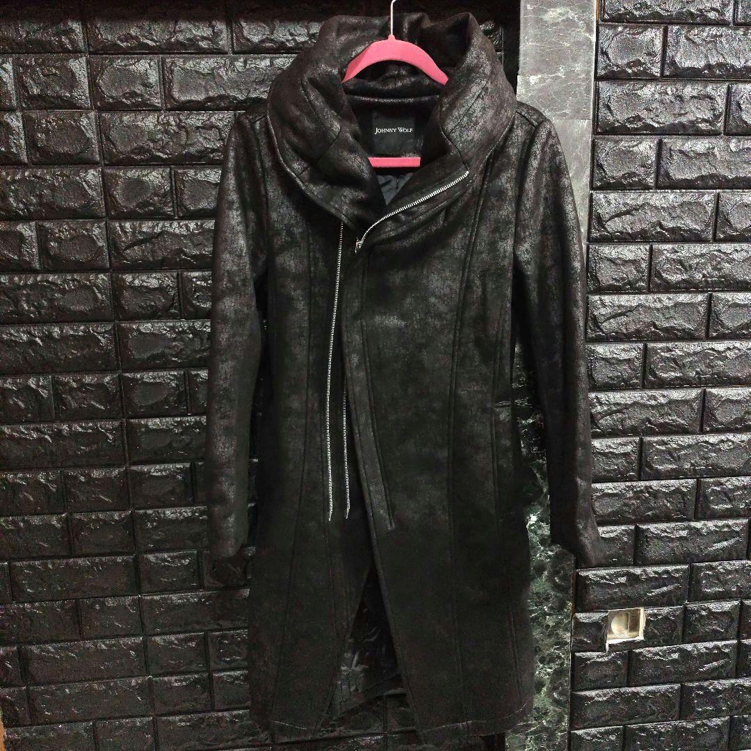 美品　JOHNNY WOLF　豹柄　BIGフーデッドロングライダースコート