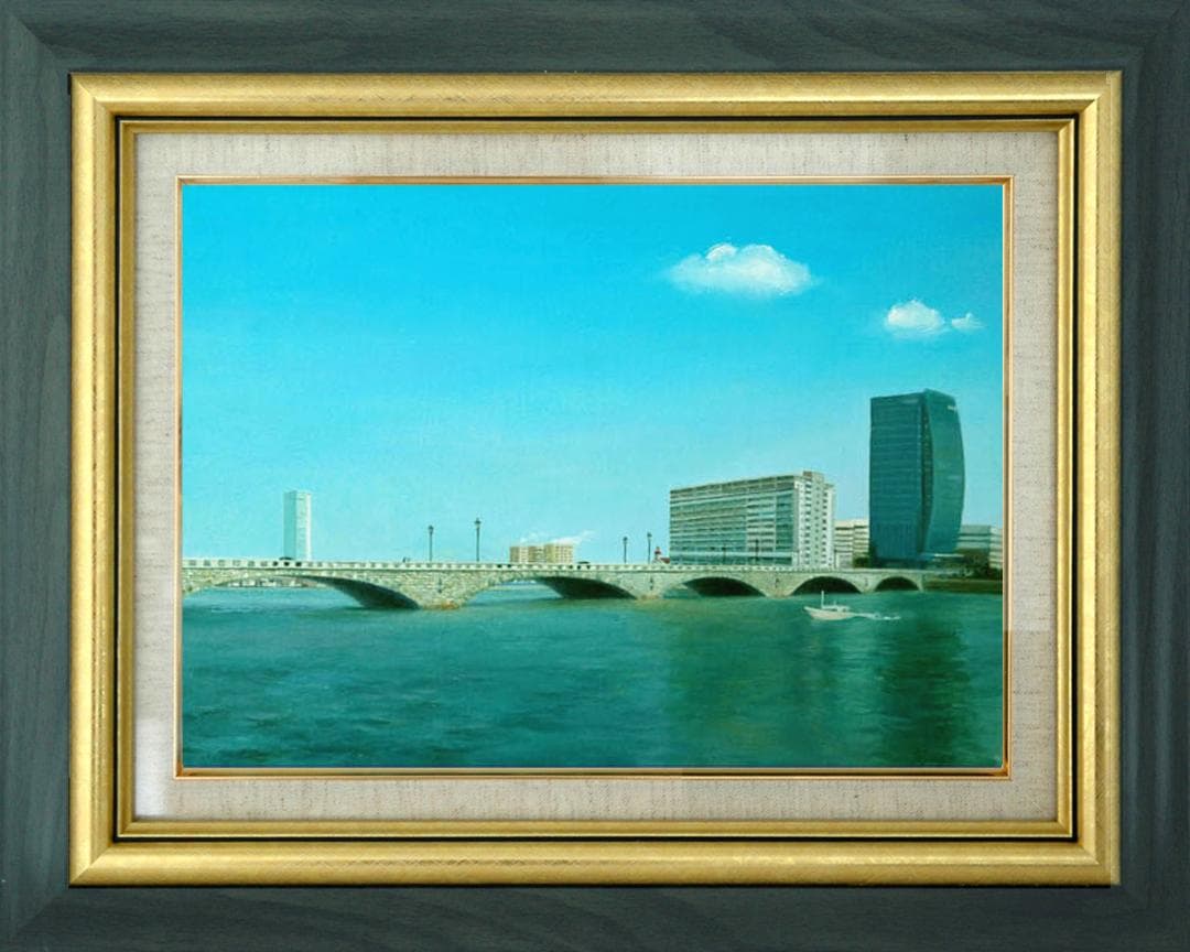 油絵 菅家令子絵画インテリア額付(青緑+金色の枠)F6-080214万代橋 新潟