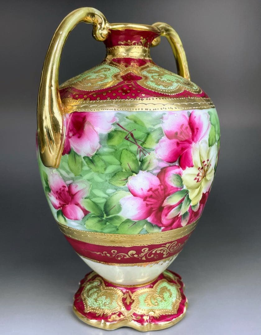 オールドニッポン ２２㎝ アールヌーボー様式 薔薇紋 花瓶 バラ つつじ アザレ