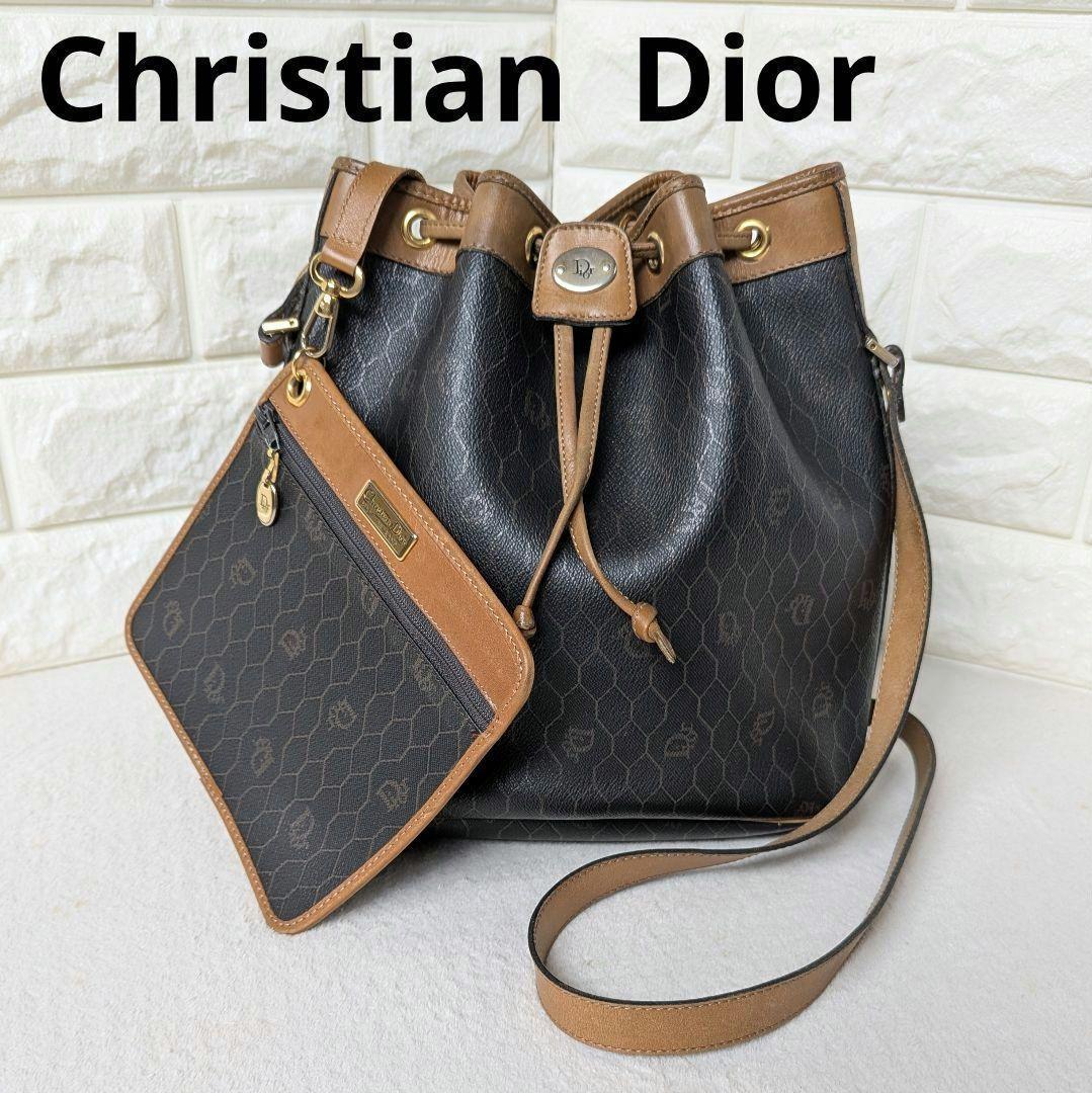 クリスチャンディオール 巾着 ショルダーバッグ ハニカム レザー ポーチ付き