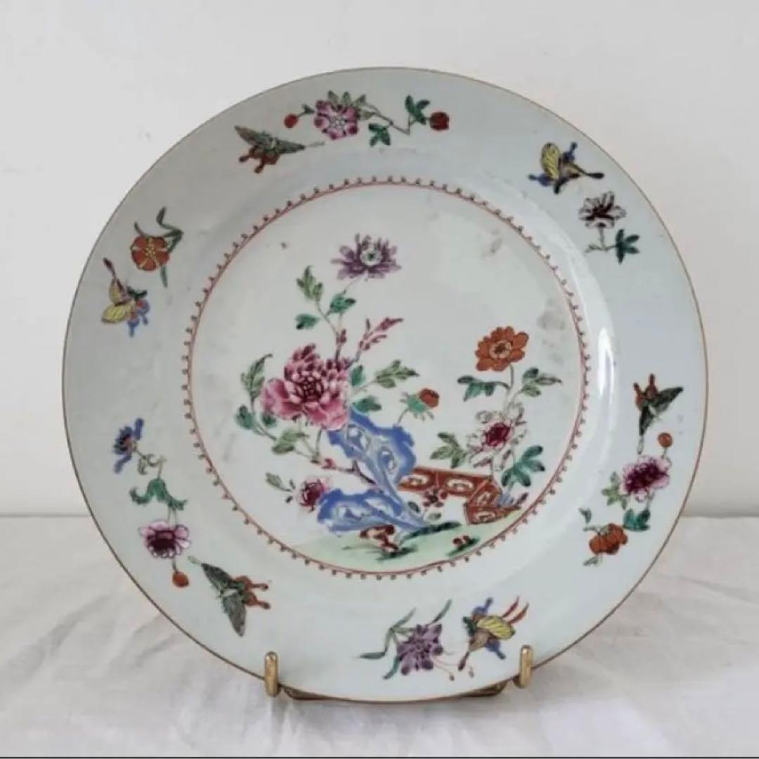 中国古美術品　清の乾隆時代　粉彩草花文皿　本物保証　23cm