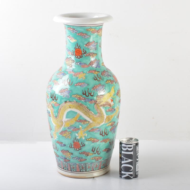 中国　大清康煕年製　緑釉粉彩　雲龍文瓶　V　5404A