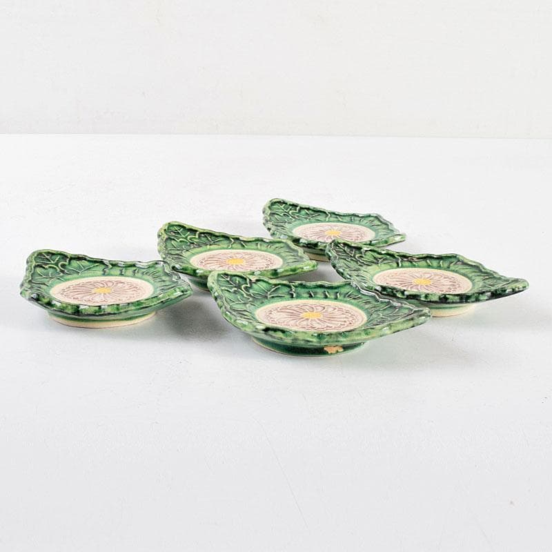 讃岐源内焼　交趾焼　三彩釉　菊文茶托　五客　M　R4637