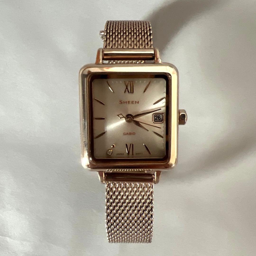 【美品】CASIO SHEEN スクエア時計 金属メッシュベルト