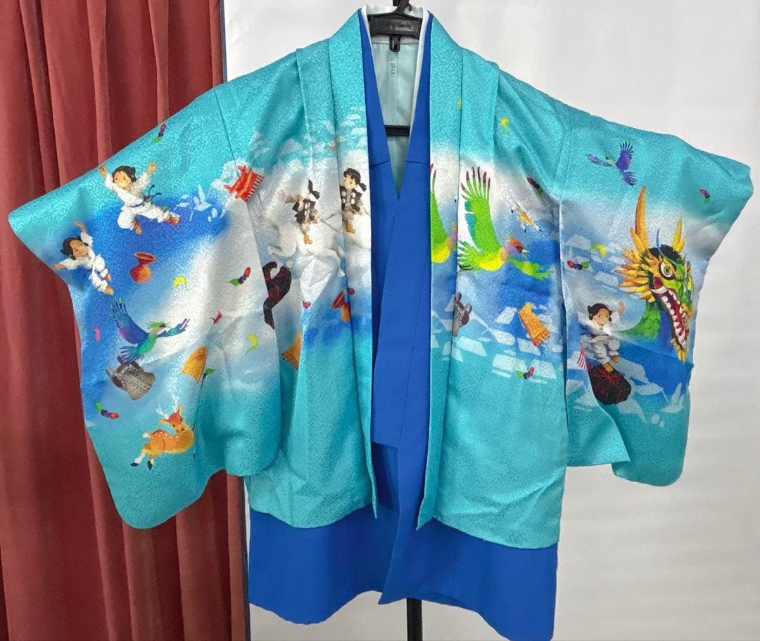 5～7歳男の子用 セット内容着物羽織、襦袢 3点セット、淡いオーシャンブルー