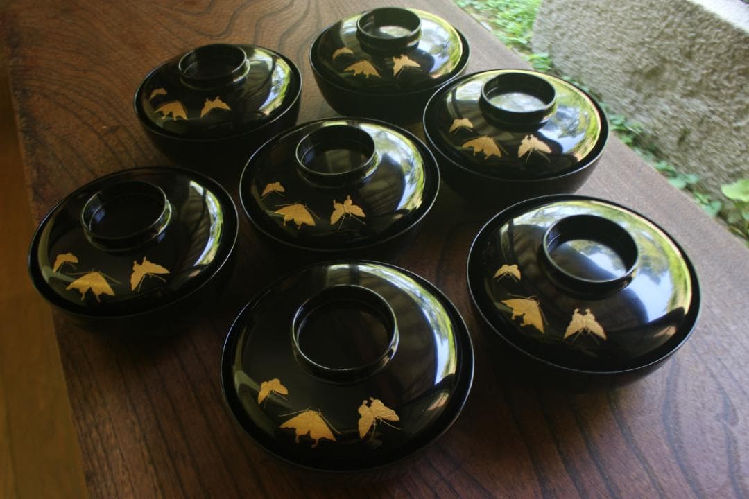 時代逸品！時代黒漆に極上草花蒔絵の映えるお椀7点（検輪島塗蒔絵椀雑煮椀煮物椀