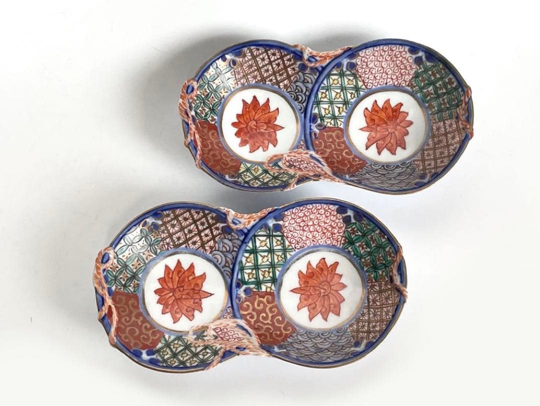 骨董　アンティーク　色絵　祥瑞　金襴手　双菊　瓢箪　向付　変形皿　2枚組
