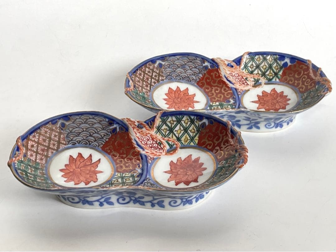 骨董　アンティーク　色絵　祥瑞　金襴手　双菊　瓢箪　向付　変形皿　2枚組