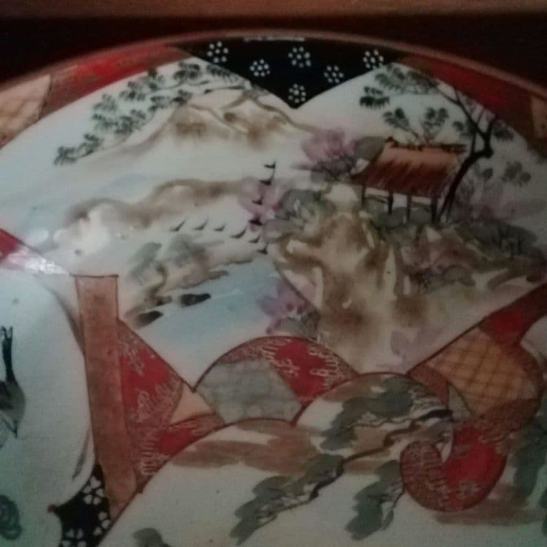 九谷焼　赤絵　鉢　手描き　人物　花鳥図　窓絵　明治　大正ロマン　和骨董