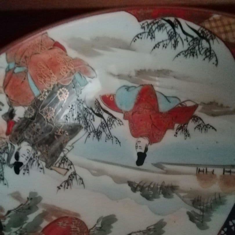 九谷焼　赤絵　鉢　手描き　人物　花鳥図　窓絵　明治　大正ロマン　和骨董