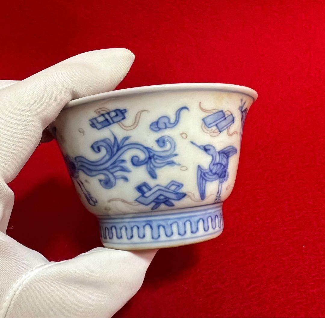 中国美術 古玩 大明成化年製 青花釉里紅 鳳紋樣茶圓 茶道具