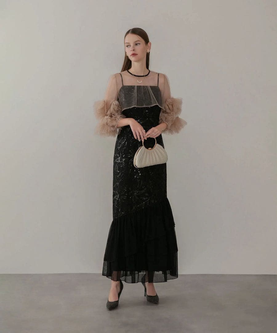 leja フラワースパンコールチュールフリルスリーブIラインワンピースドレス 黒