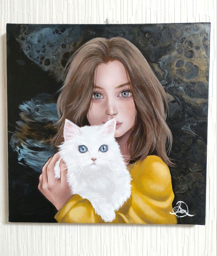 女性と猫の油絵【白猫と女性】1点物の原画/作者サイン入り/キャンバス/人物画
