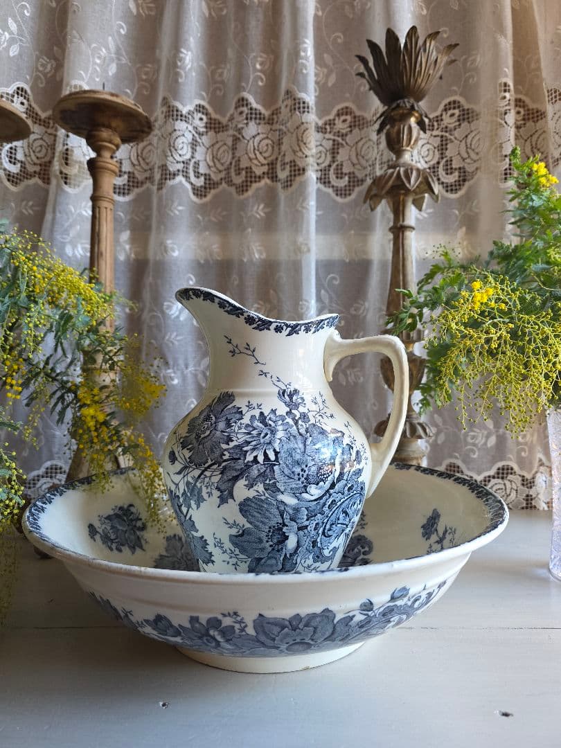 Saint-Amand窯のアンティークピシェとベイスン Anemoneアネモネ