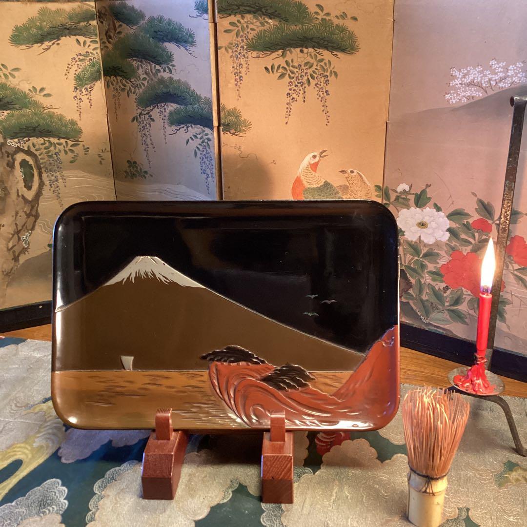 A1039 木製輪島塗　富士山　蒔絵　角盆　1枚