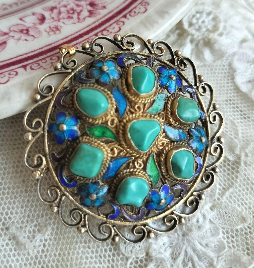 中国七宝 ターコイズ ブルーエナメルフラワーブローチ兼ペンダントトップ 銀線細工