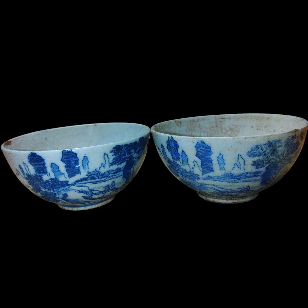 清代　山水楼閣文煎茶茶碗　金継ぎ