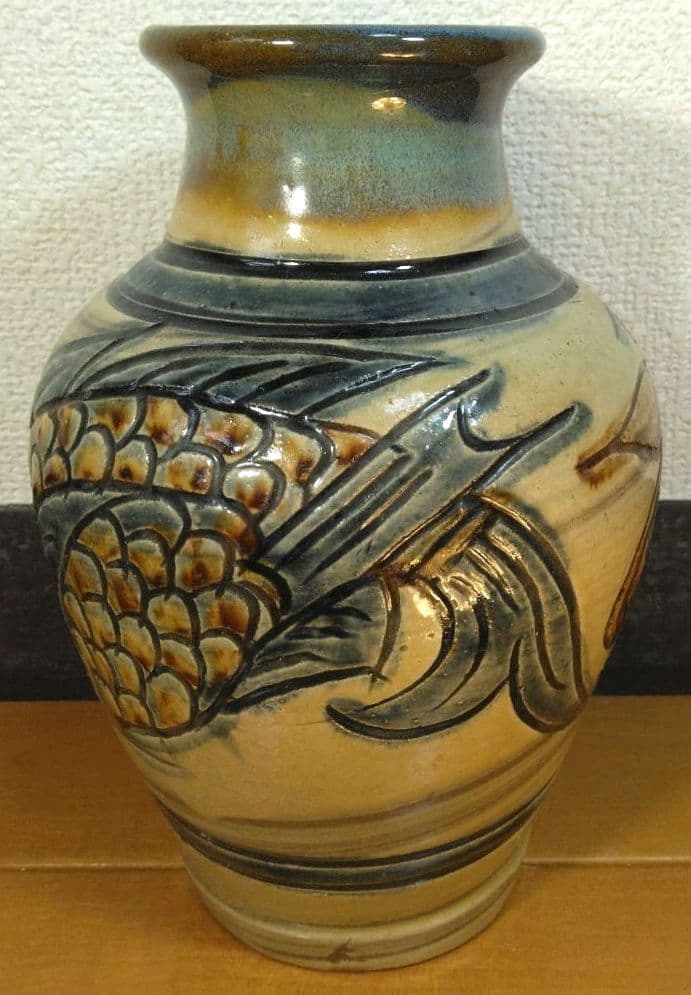 Kanegon 人間国宝 金城次郎 海老魚紋花瓶 栞 共箱 h20cm超