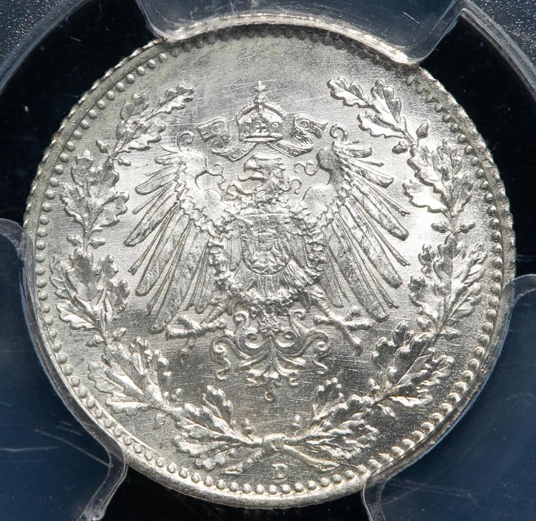 高鑑定　PCGS-MS65　ドイツ帝国　1918/05-D　 1/2M 　銀貨