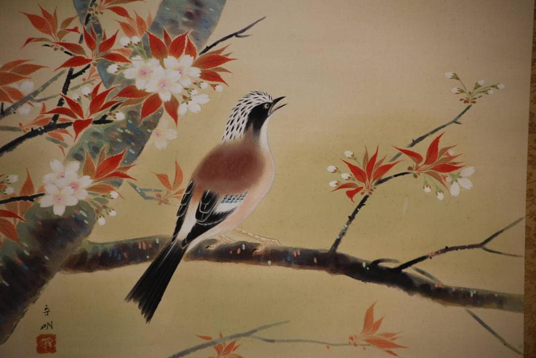 真作/森守明/麗春/山桜に小禽図/金襴表装/桐共箱付/布袋屋掛軸HC-689