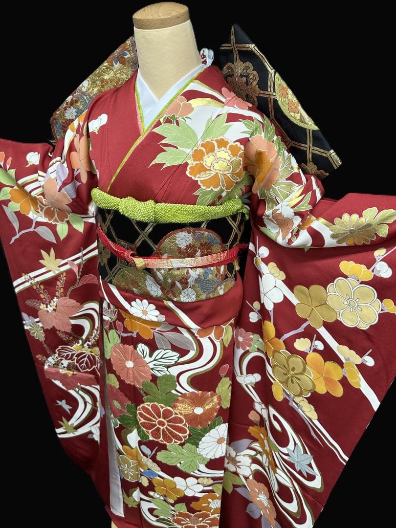 逸品 千總 赤地 刺繍 流水文 花 桐 振袖 川島織物 フルセット 松坂屋誂え