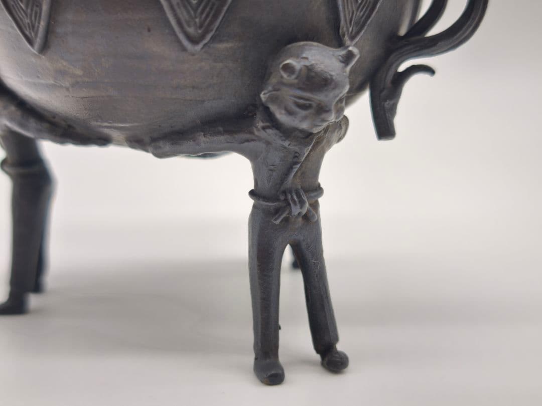 織田幸銅器 須賀月芳作 青銅製 香炉 玉型 霊芝耳 唐子足 螺鈿模様