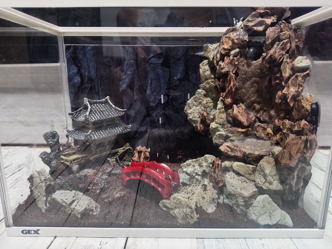 滝が流れる水槽レイアウト 日本庭園風 橋付き