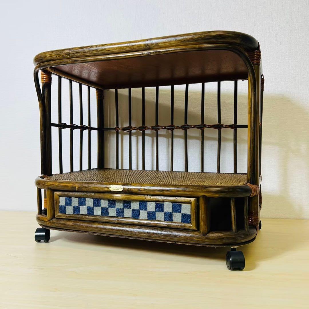 ラタン 籐家具 キャスター付き タイル 引き出し サイドテーブル サイドボード