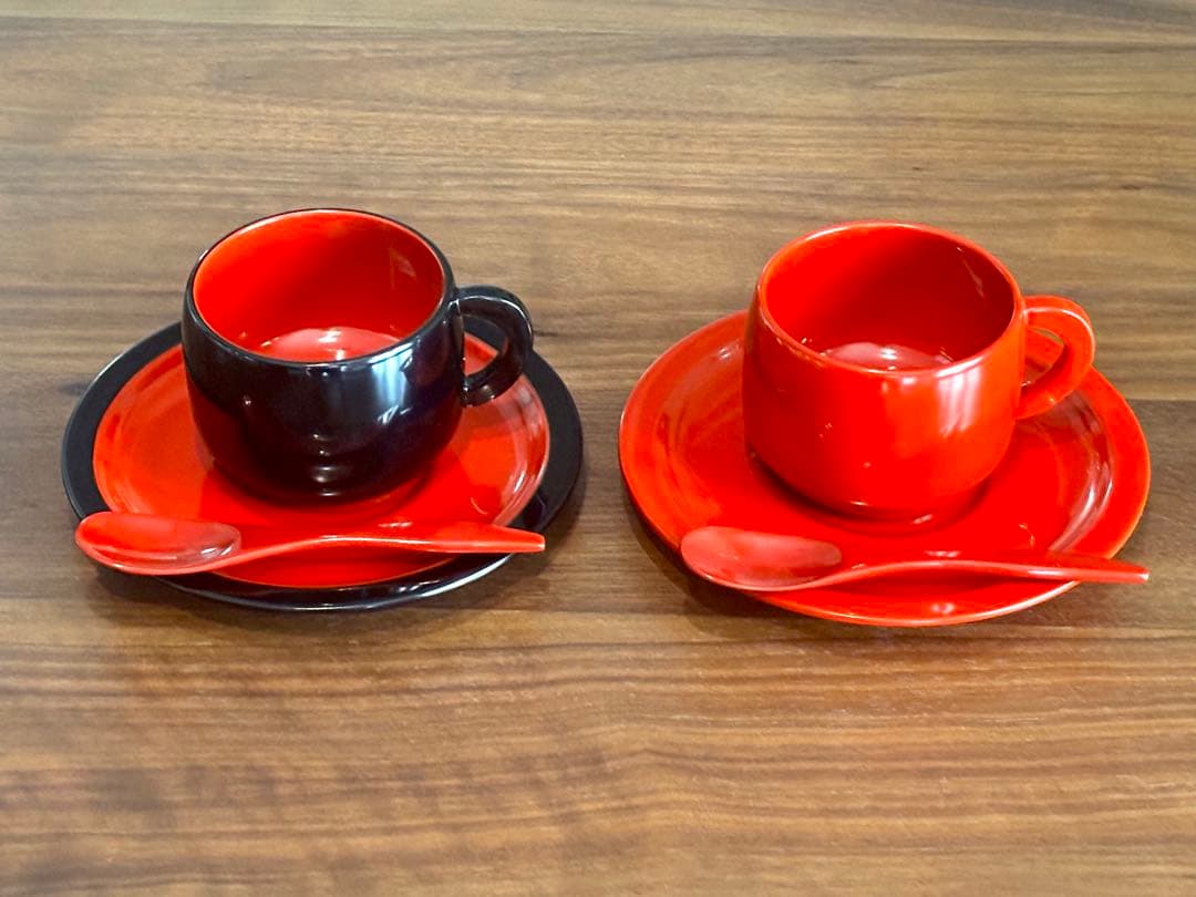 沖縄工芸品 琉球漆器 コーヒーカップ &ソーサー ペアセット スプーン付き 美品