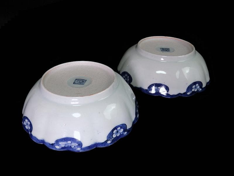 古伊万里　染付　墨弾き　梅花に舞鶴紋の図　膾皿　２客　E520AS-COd