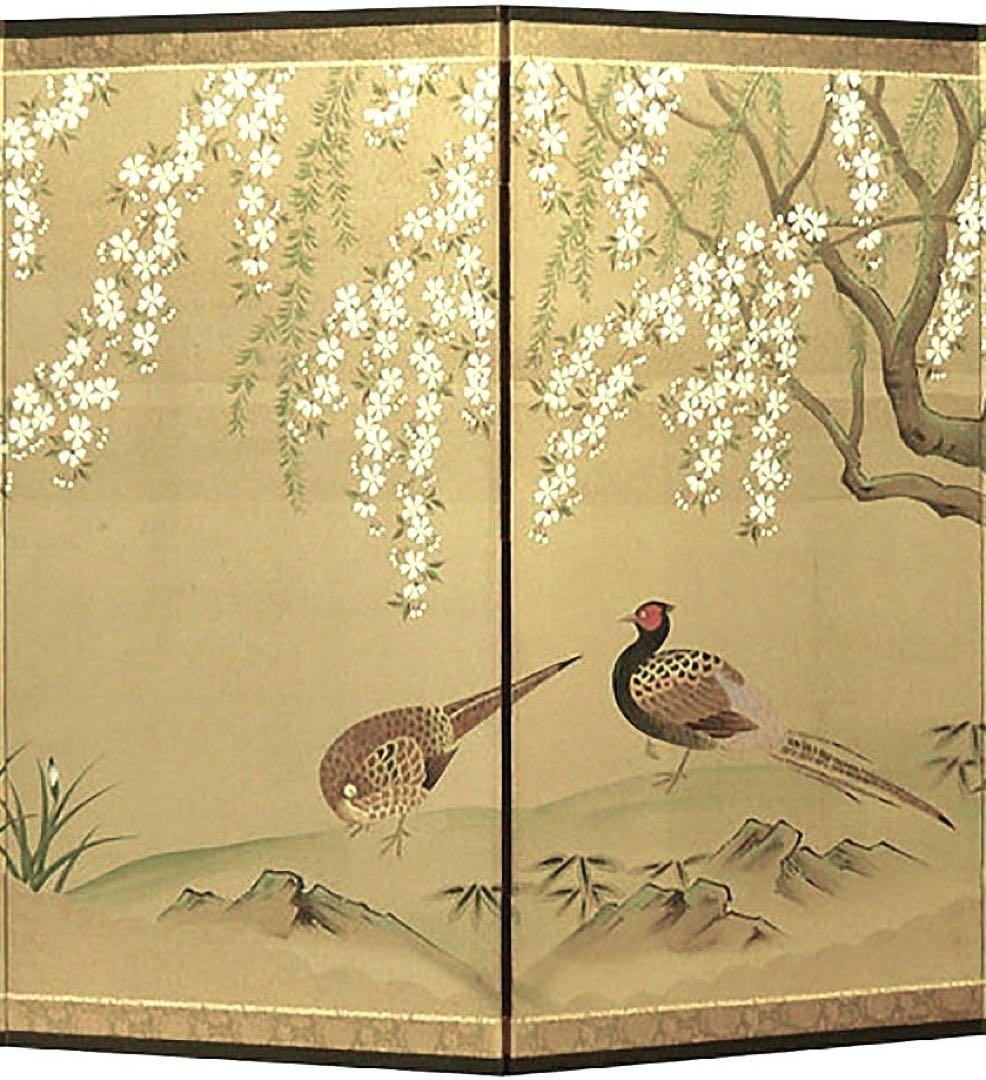 四つ折り屏風　日本画　絹本彩色　桜に雉