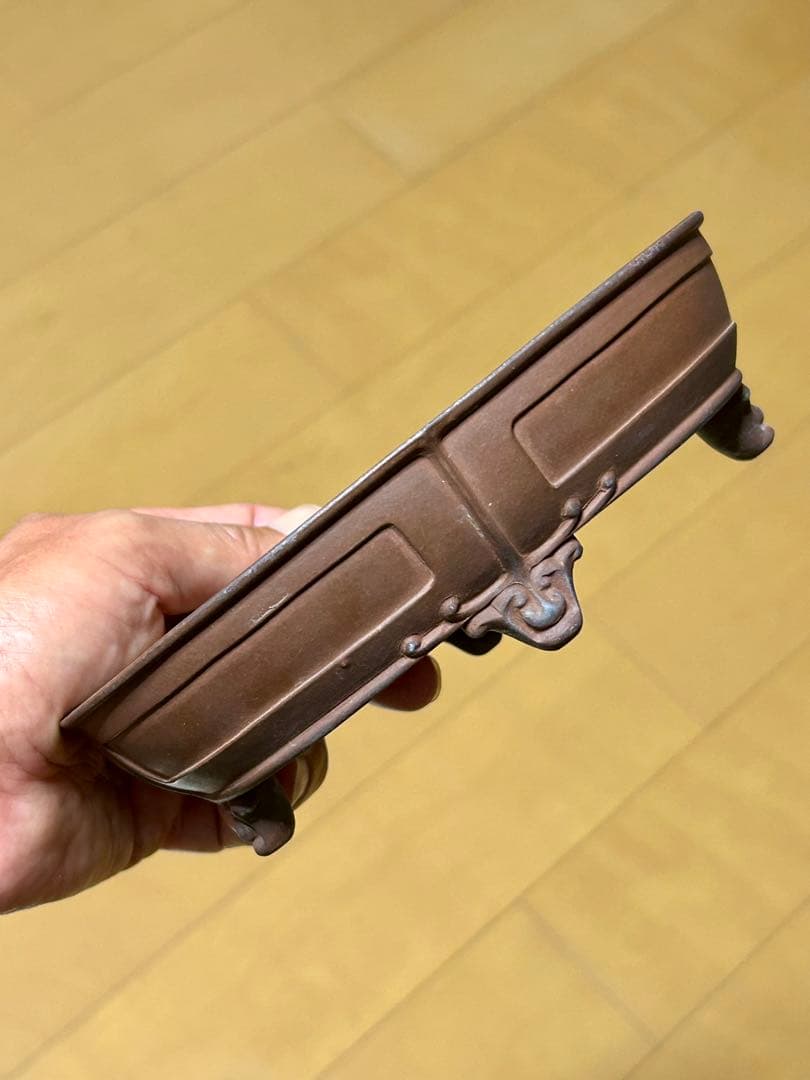 【盆栽鉢】中国宜興 朱泥 額入雲脚 楕円鉢