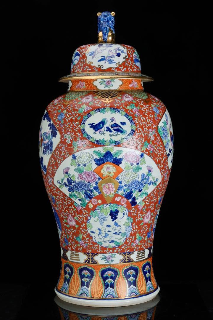 有田焼 染錦窓絵花鳥尽之図 獅子摘蓋付 沈香壺 特大99㎝ 飾壺 古美術 骨董品