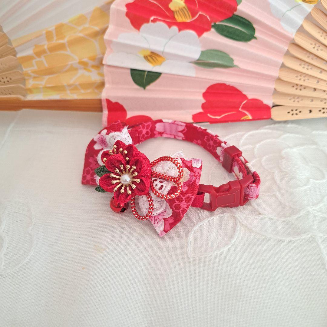 お正月、つまみ細工シングルリボン(赤②)わんちゃん猫ちゃん用首輪