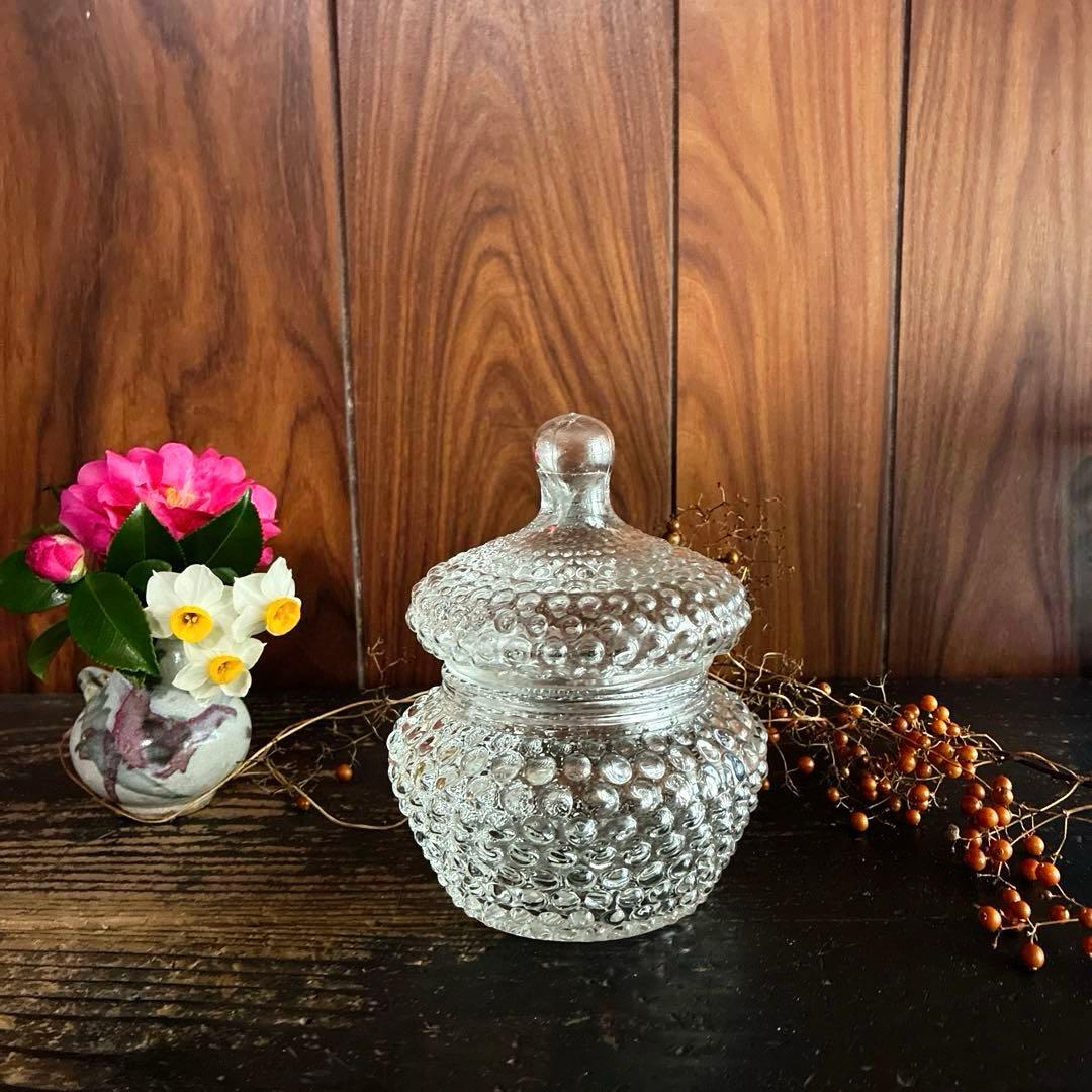 骨董　時代ガラス　希少　霰プレス　飴屋瓶　菓子瓶　お菓子入れ　ボンボニエール