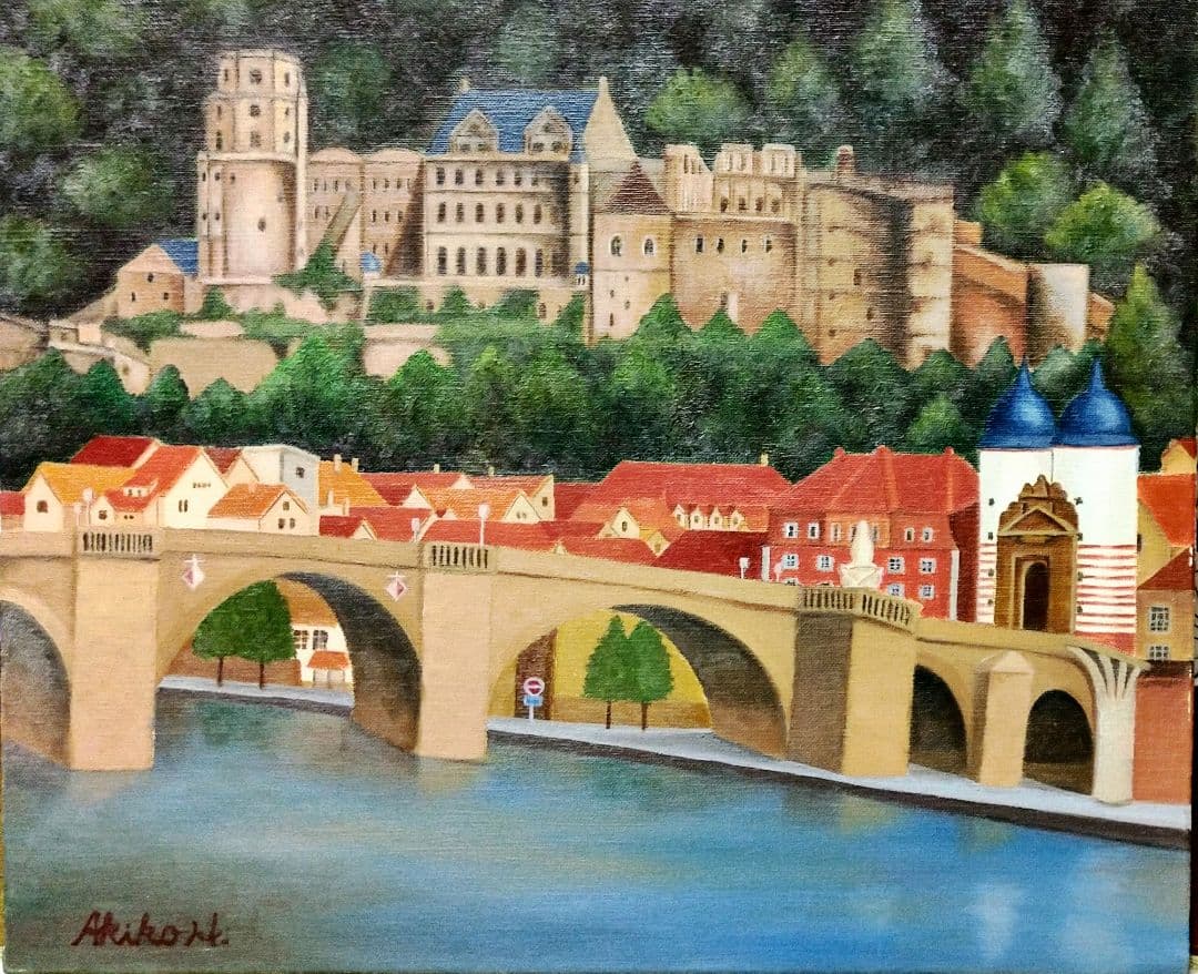 油彩 風景画「ドイツハイデルベルク旧市街の城と橋 」油絵