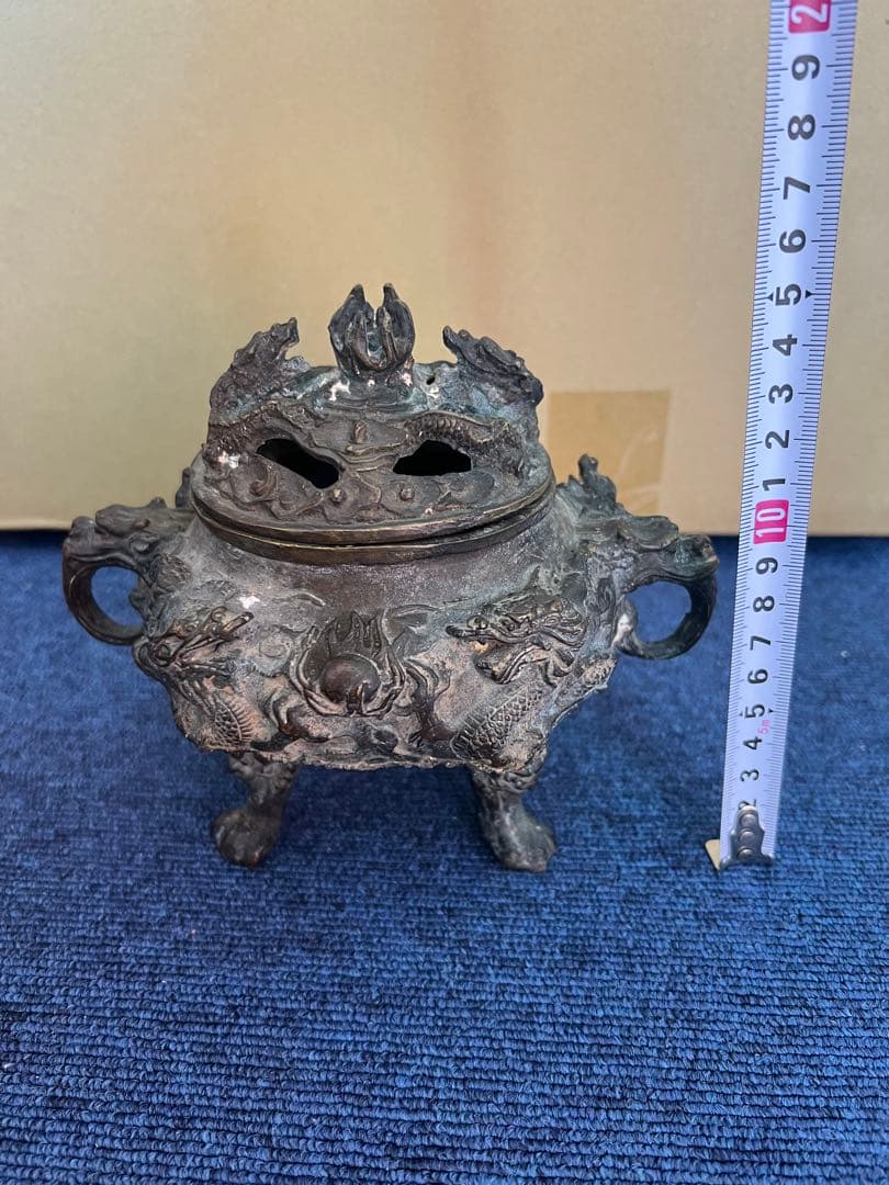 946 銅製　大明宣徳年製　龍紋香炉　時代物