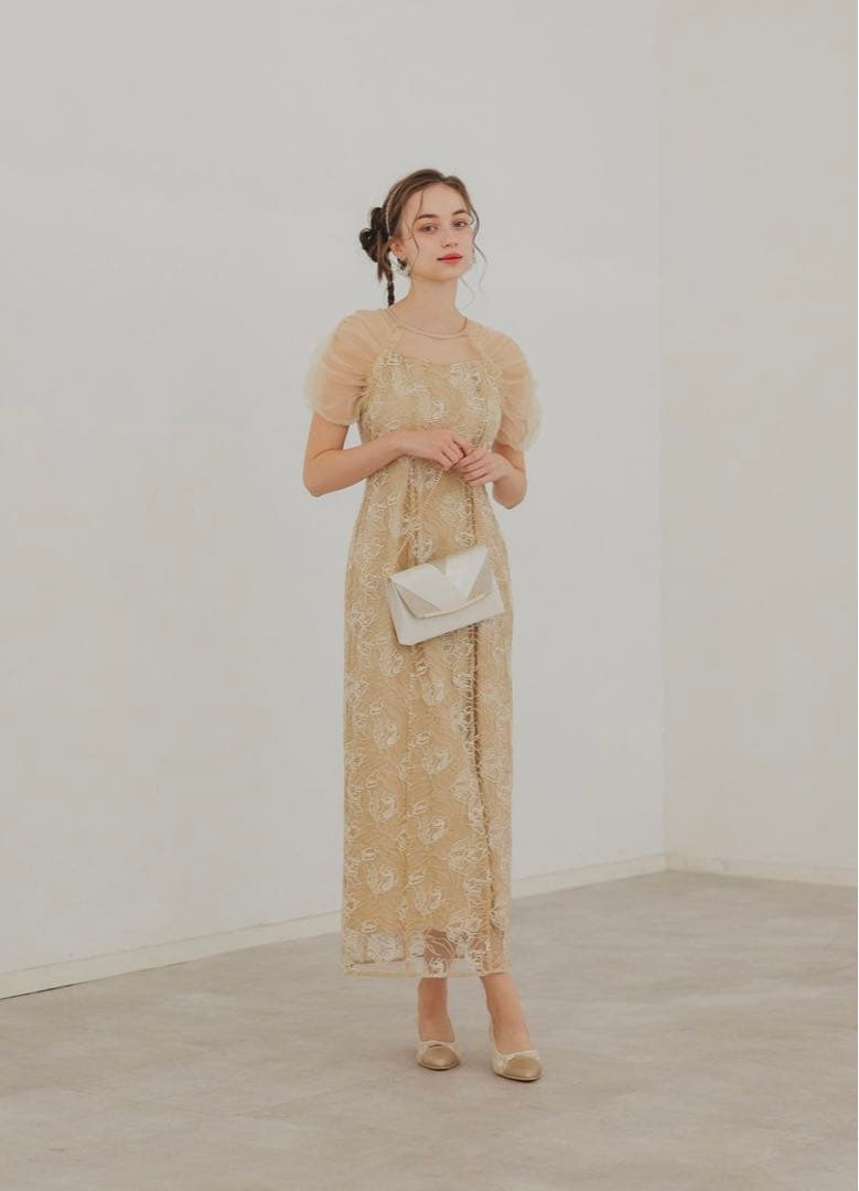 【新品未使用】Dorry DollフラワーチュールギャザーパフドレスMイエロー