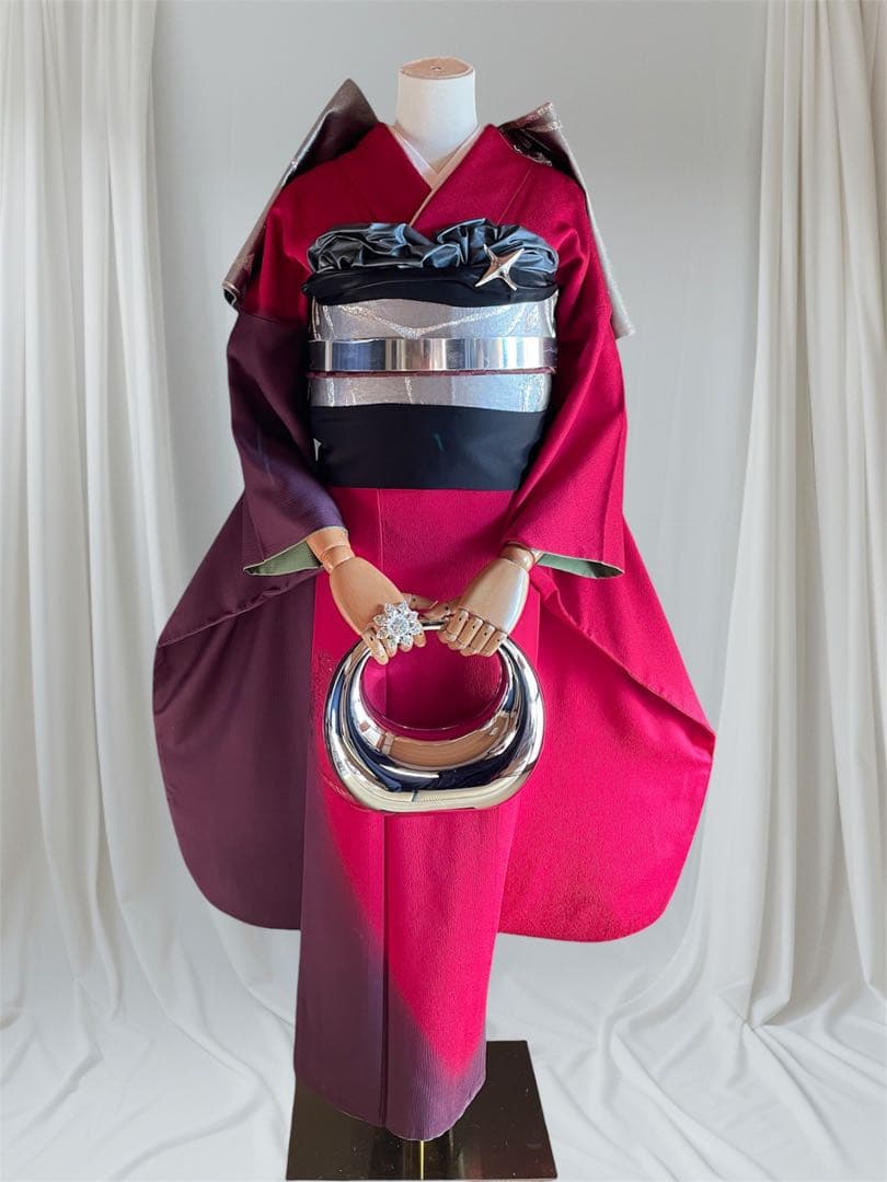 山本寛斎 染め分け ボルドー 振袖 フルセット ファーショール付き