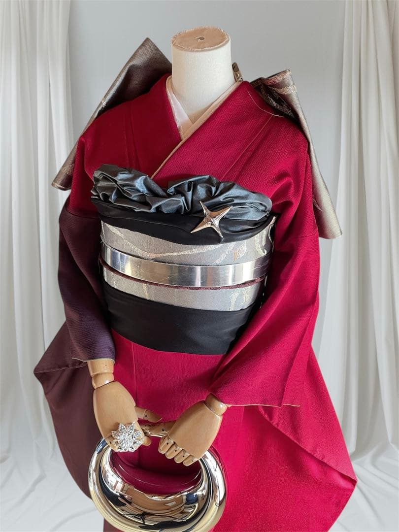 山本寛斎 染め分け ボルドー 振袖 フルセット ファーショール付き