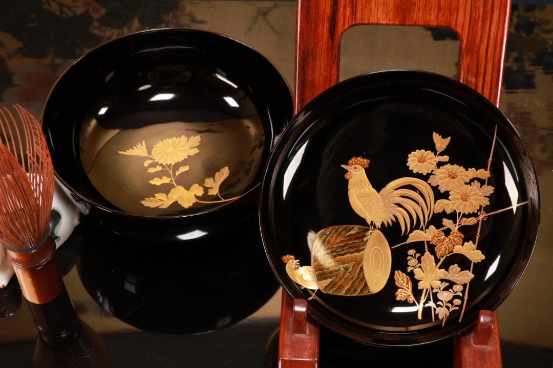 BJ133　時代輪島　加賀蒔絵　鶏図　吸物椀　一客　木製　茶道具 懐石 会席