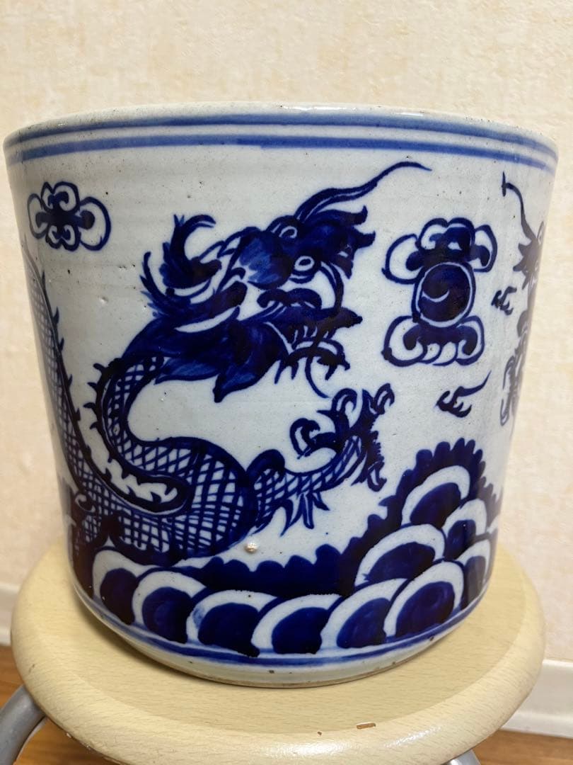 中国清代染付鉢　特大　香炉　筆立　昇龍　縁起物　運気上昇
