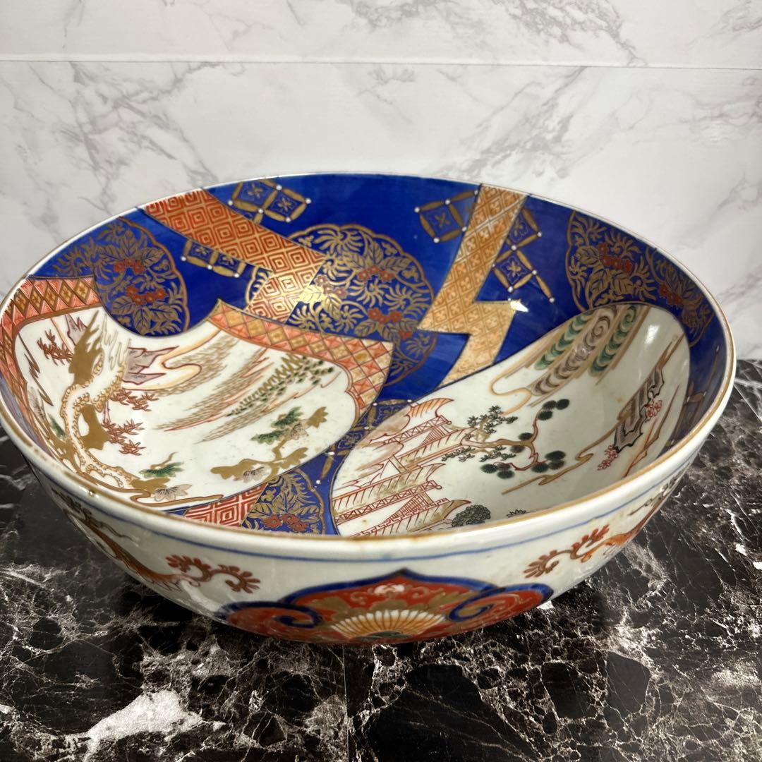 江戸、古伊万里、瑠璃、金彩窓絵、特大、楼閣山水図。無傷！