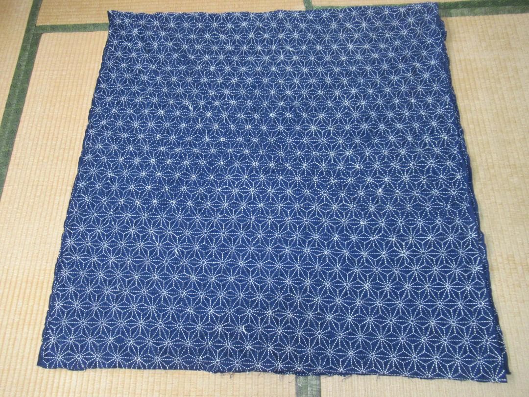 未使用1940年頃◆縦長4m34cm、横1m6cm 木綿藍染『麻の葉模様』刺し子